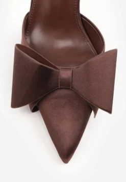 Brązowe Sandały Satynowe na Szpilce Slingback Ozdobione Kokardą Daemoris