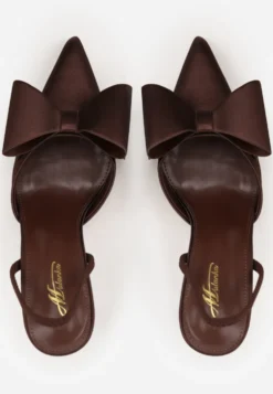 Brązowe Sandały Satynowe na Szpilce Slingback Ozdobione Kokardą Daemoris