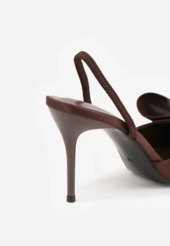 Brązowe Sandały Satynowe na Szpilce Slingback Ozdobione Kokardą Daemoris