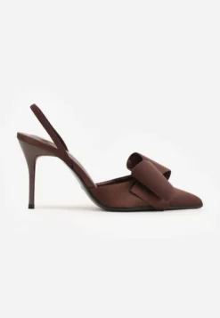 Brązowe Sandały Satynowe na Szpilce Slingback Ozdobione Kokardą Daemoris