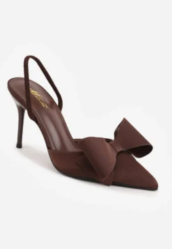 Brązowe Sandały Satynowe na Szpilce Slingback Ozdobione Kokardą Daemoris