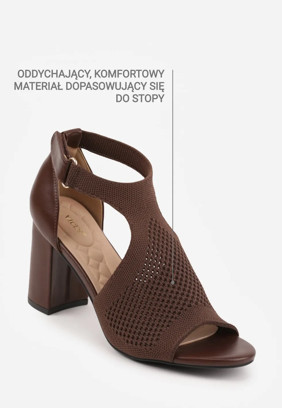Brązowe Sandały Soft Fit VICES na Obcasie w Stylu Botków z Elastyczną Ażurową Cholewką Comfort Omphopis