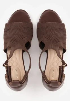 Brązowe Sandały Soft Fit VICES na Obcasie w Stylu Botków z Elastyczną Ażurową Cholewką Comfort Omphopis