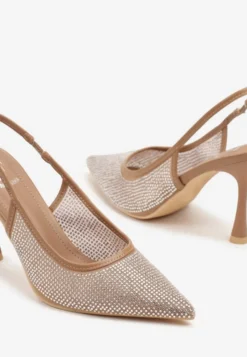 Brązowe Sandały Szpilki Slingback z Noskiem w Szpic Zdobione Cyrkoniami Zenvia
