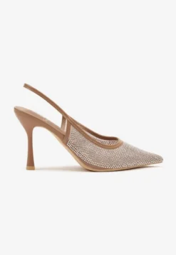 Brązowe Sandały Szpilki Slingback z Noskiem w Szpic Zdobione Cyrkoniami Zenvia
