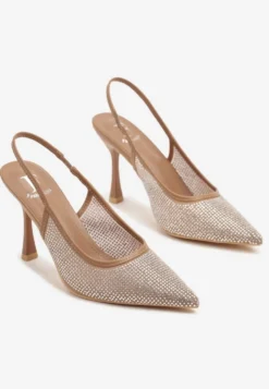 Brązowe Sandały Szpilki Slingback z Noskiem w Szpic Zdobione Cyrkoniami Zenvia