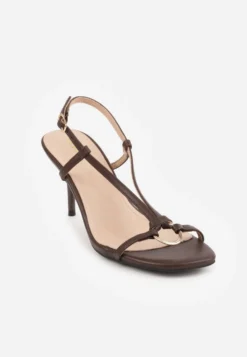 Brązowe Sandały VICES na Szpilce z Metalicznym Kółeczkiem i Paskami w Kształcie V Endaris