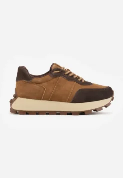 Brązowe Skórzane Sneakersy Chunky na Platformie z Bieżnikiem Calmo