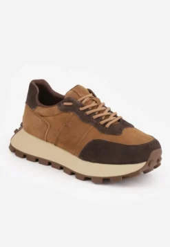 Brązowe Skórzane Sneakersy Chunky na Platformie z Bieżnikiem Calmo