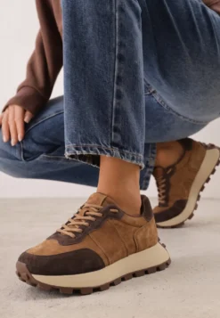 Brązowe Skórzane Sneakersy Chunky na Platformie z Bieżnikiem Calmo