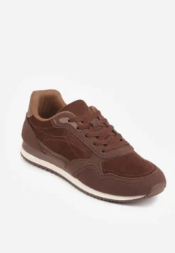 Brązowe Sneakersy Basic z Imitacji Zamszu Ozdobione Przeszyciami Nethe