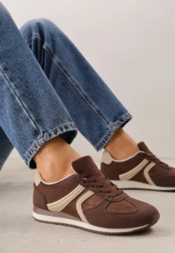 Brązowe Sneakersy Casual z Imitacji Zamszu z Geometrycznymi Wstawkami na Boku Sadiqa