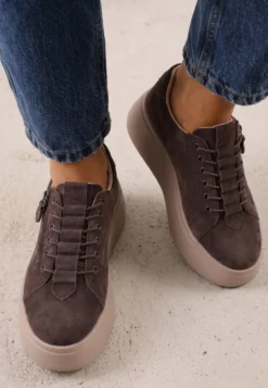 Brązowe Sneakersy na Platformie z Zamszu Naturalnego z Suwakiem z Boku Nisoe