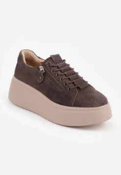 Brązowe Sneakersy na Platformie z Zamszu Naturalnego z Suwakiem z Boku Nisoe