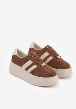 Brązowe Sneakersy na Platformie ze Skóry Naturalnej Ozdobione Paskami Sovimi