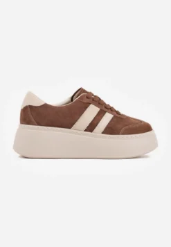 Brązowe Sneakersy na Platformie ze Skóry Naturalnej Ozdobione Paskami Sovimi
