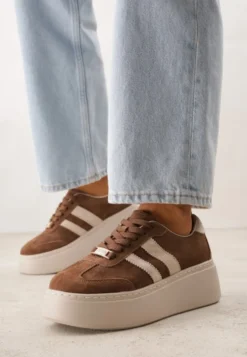 Brązowe Sneakersy na Platformie ze Skóry Naturalnej Ozdobione Paskami Sovimi