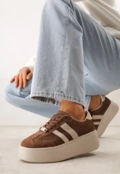 Brązowe Sneakersy na Platformie ze Skóry Naturalnej Ozdobione Paskami Sovimi