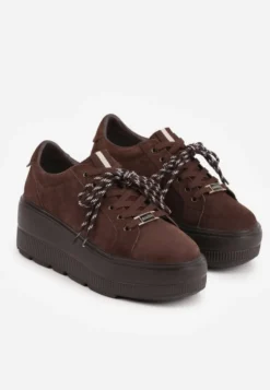 Brązowe Sneakersy na Platformie z Zamszu Naturalnego ze Sznurówkami w Paski Tarilita