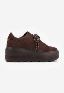 Brązowe Sneakersy na Platformie z Zamszu Naturalnego ze Sznurówkami w Paski Tarilita