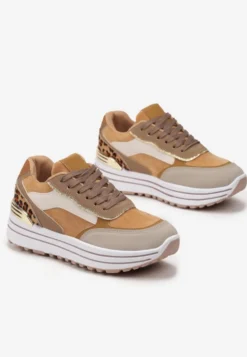 Brązowe Sneakersy na Wysokiej Podeszwie z Błyszczącymi Wstawkami Lovana