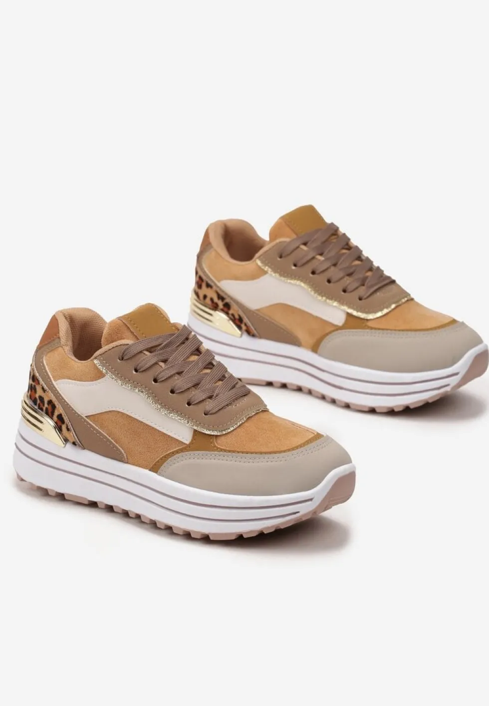 Brązowe Sneakersy na Wysokiej Podeszwie z Błyszczącymi Wstawkami Lovana