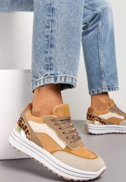 Brązowe Sneakersy na Wysokiej Podeszwie z Błyszczącymi Wstawkami Lovana