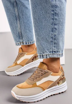 Brązowe Sneakersy na Wysokiej Podeszwie z Błyszczącymi Wstawkami Lovana