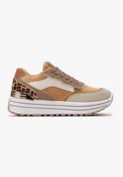 Brązowe Sneakersy na Wysokiej Podeszwie z Błyszczącymi Wstawkami Lovana