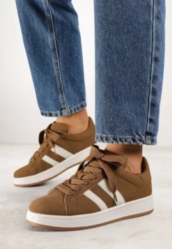 Brązowe Sneakersy Ozdobione Paskami Dolirenna