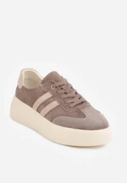 Brązowe Sneakersy Retro Tenisówki na Platformie z Zamszu Naturalnego Noanela