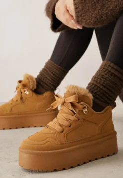 Brązowe Sneakersy Stylizowane na Śniegowce Ozdobione Futerkiem Maviena