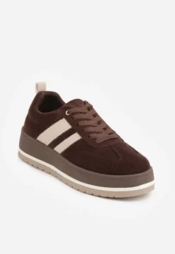 Brązowe Sneakersy Typu Kultowe Tenisówki o Fakturze Zamszu na Platformie Numissa