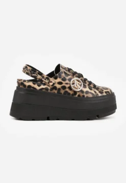 Brązowe Sneakersy Vices na Platformie z Tłoczeniem Paskiem na Pięcie i Metaliczną Aplikacją Ozdobione Wzorem w Panterkę Selfedi