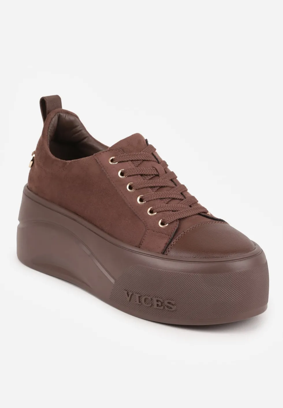 Brązowe Sneakersy VICES na Platformie z Metaliczną Aplikacją i Napisem Beli