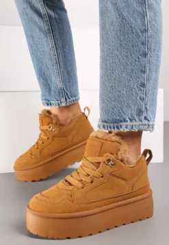 Brązowe Sneakersy Vices Stylizowane na Śniegowce na Platformie Obszyte Futerkiem Naleris