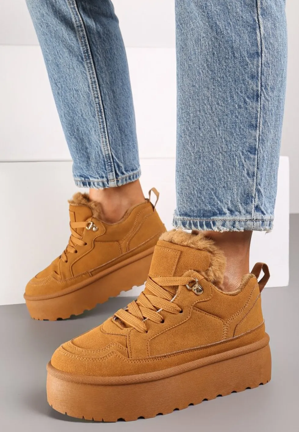 Brązowe Sneakersy Vices Stylizowane na Śniegowce na Platformie Obszyte Futerkiem Naleris