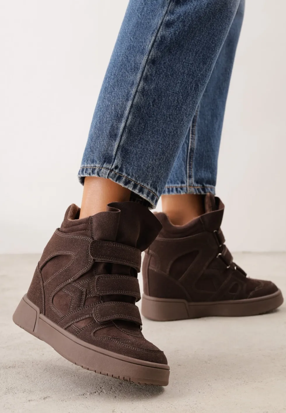 Brązowe Sneakersy w Stylu Y2K na Koturnie z Ociepleniem i Paskami na Rzep Aitia