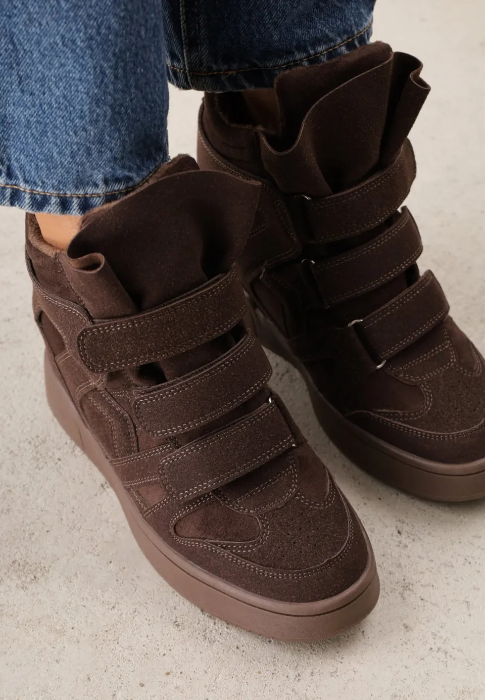 Brązowe Sneakersy w Stylu Y2K na Koturnie z Ociepleniem i Paskami na Rzep Aitia