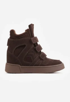 Brązowe Sneakersy w Stylu Y2K na Koturnie z Ociepleniem i Paskami na Rzep Aitia