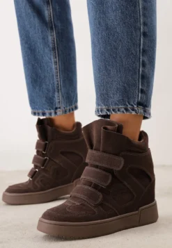 Brązowe Sneakersy w Stylu Y2K na Koturnie z Ociepleniem i Paskami na Rzep Aitia