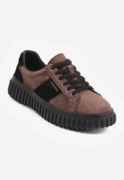 Brązowe Sneakersy ze Skóry Zamszowej na Platformie z Tłoczeniem i Napisem Aprila