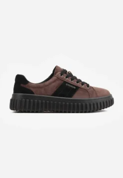 Brązowe Sneakersy ze Skóry Zamszowej na Platformie z Tłoczeniem i Napisem Aprila