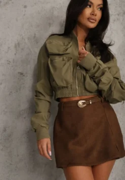 Brązowe Spódnico-Szorty High Waist z Ozdobnym Paskiem Korelea