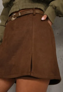 Brązowe Spódnico-Szorty High Waist z Ozdobnym Paskiem Korelea