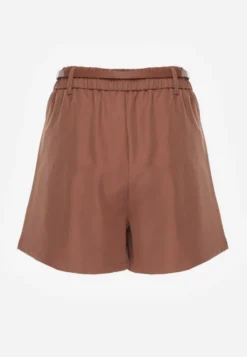 Brązowe Spódnico-Szorty High Waist Ozdobione Metaliczną Aplikacją i Paskiem Retness