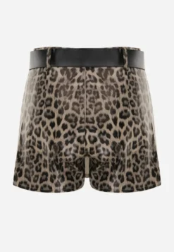 Brązowe Spódnico-Szorty w Panterkę High Waist Ozdobione Paskiem Alleana