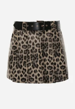 Brązowe Spódnico-Szorty w Panterkę High Waist Ozdobione Paskiem Alleana