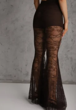 Brązowe Spodnie High Waist o Kroju Dzwonów z Koronki Ferella