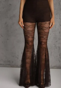 Brązowe Spodnie High Waist o Kroju Dzwonów z Koronki Ferella